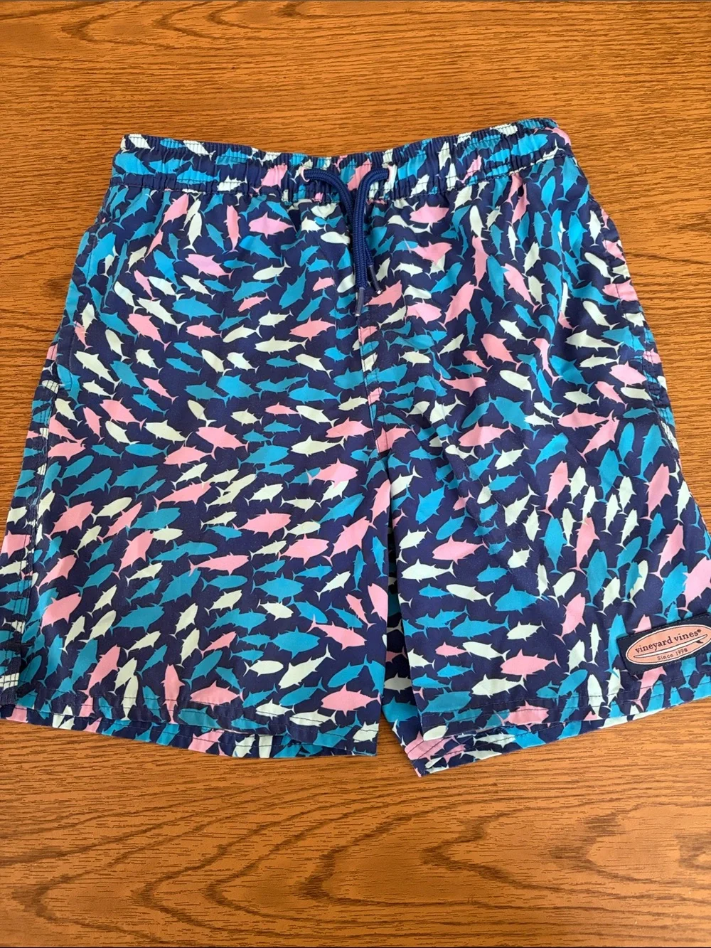 Vineyard Vines Navy Swim Shorts with Teal, Pink, Cream Fish Print